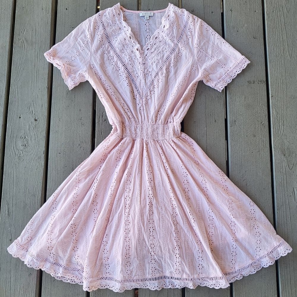 Stellah Blush Pink Cotton Embroidered Eyelet Fit & Flare Cottagecore Mini Dress